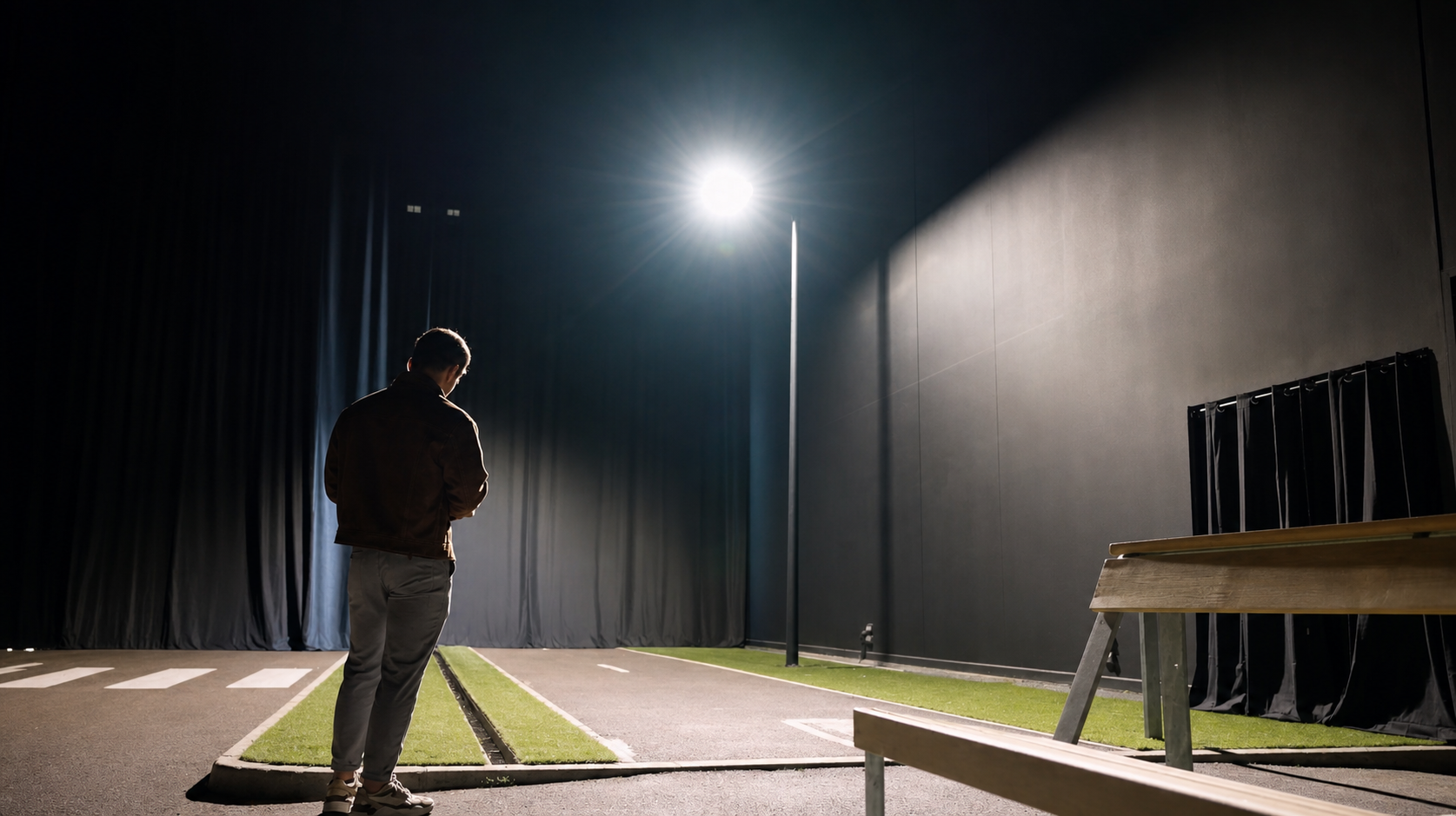 Full-scale photometric testing environment showcasing solar street lighting performance in a controlled indoor roadway simulation by Fonroche Lighting.
