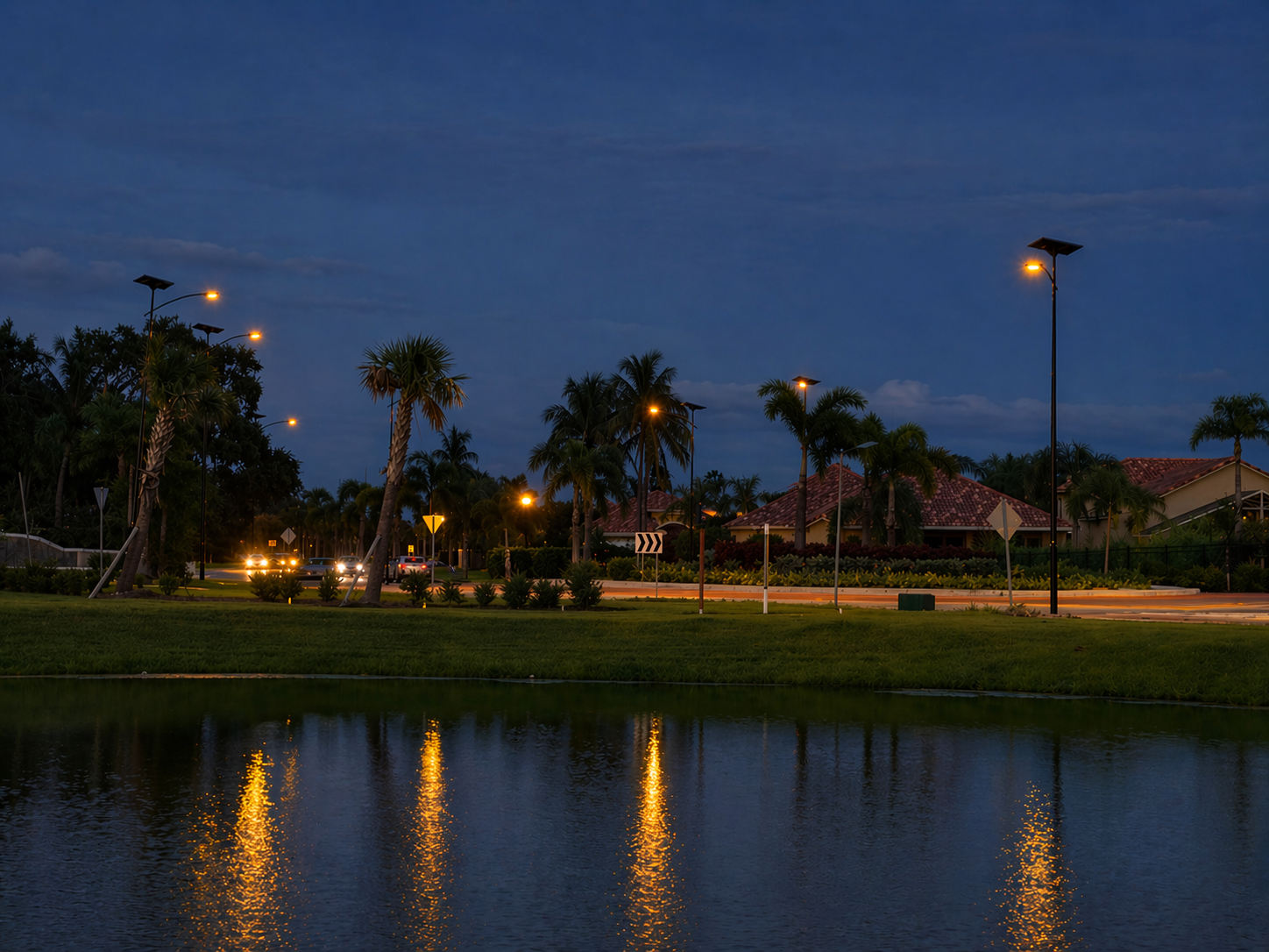 essential-solar-street-light-roadway-night ESSENTIAL solar street lights illuminating a waterfront park and pedestrian area at night.