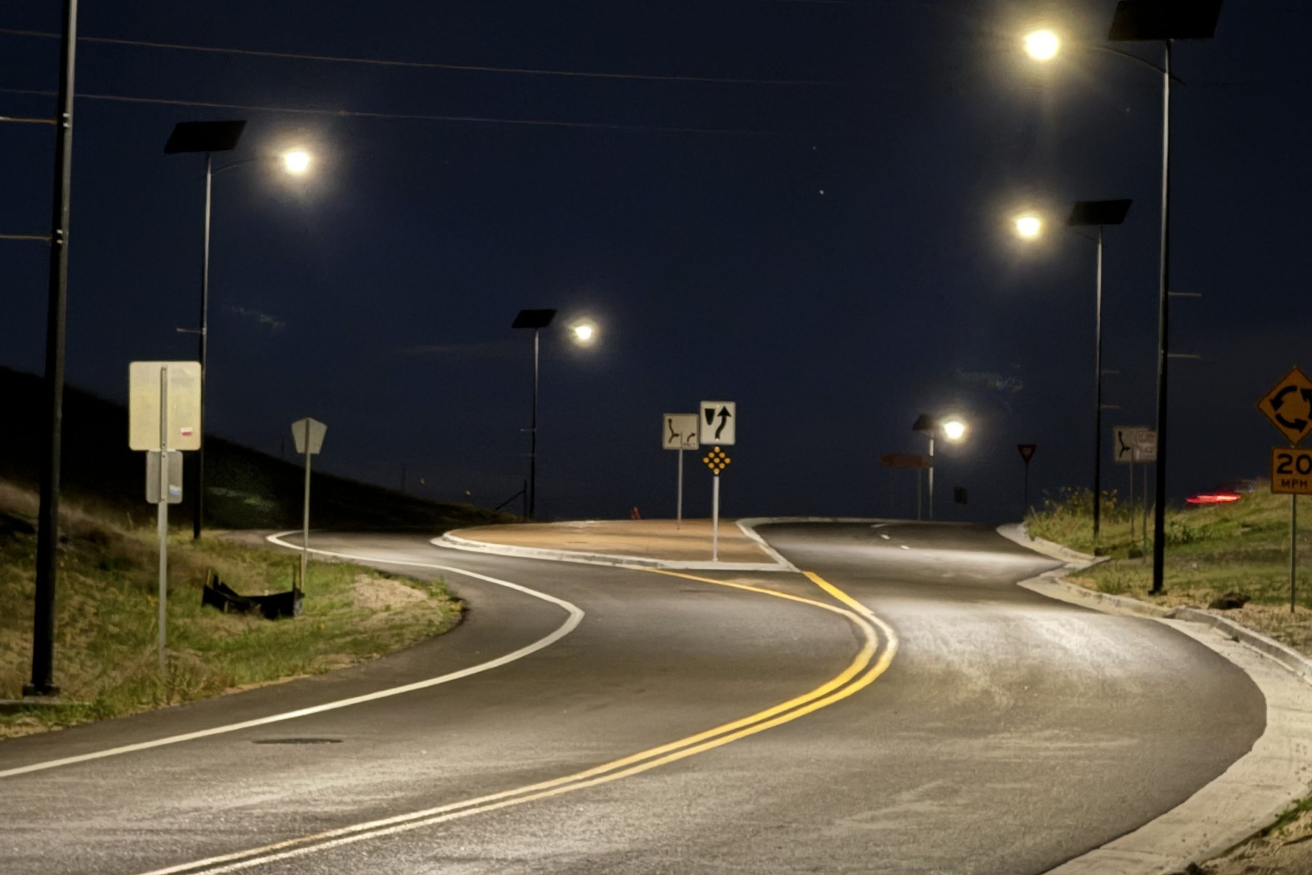 off-grid-solar-street-lights-roadway-night.jpg Autonomous solar streetlights illuminating a roadway in Clark County, Nevada.