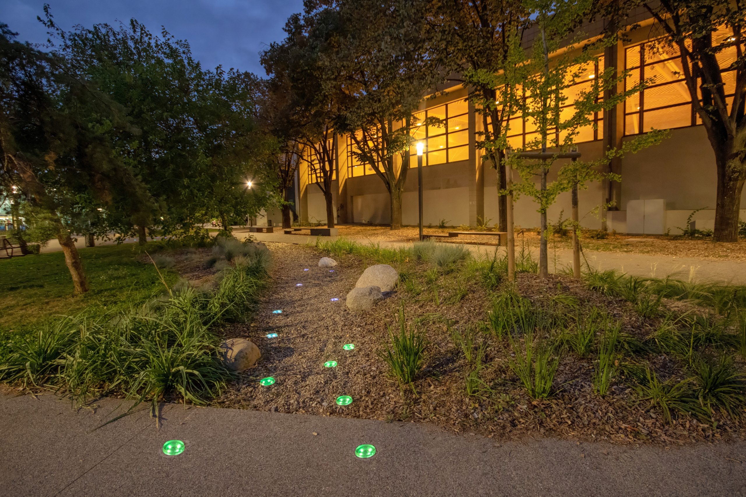 Nowatt solar pathway lighting illuminating a landscaped pedestrian walkway in a public outdoor space.