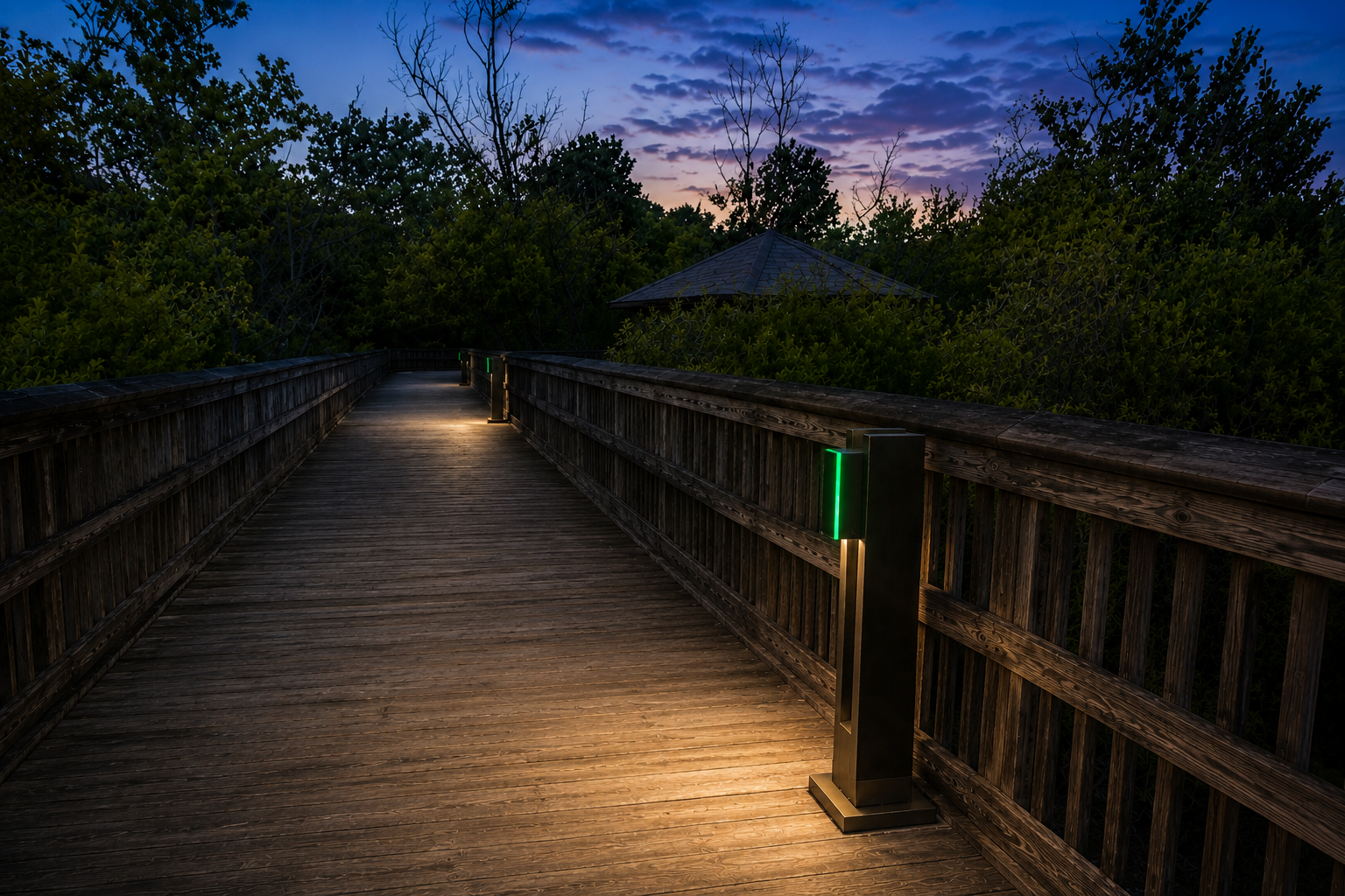 FOLLOW solar bollard light installed along a boardwalk pathway providing safe nighttime illumination.