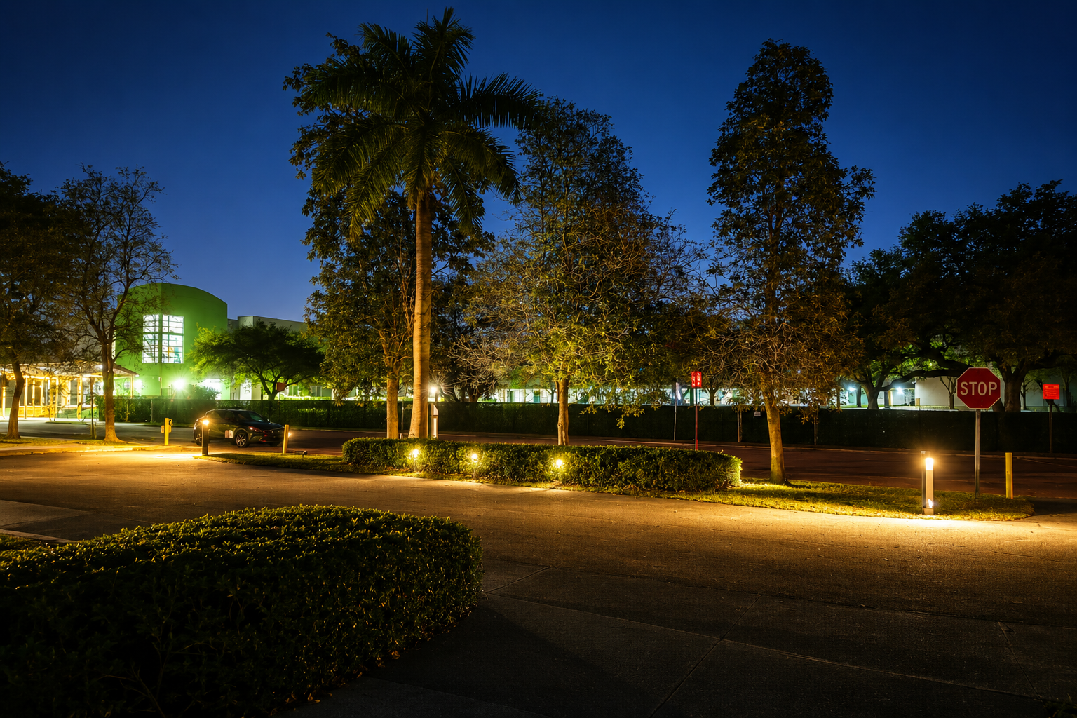 brut-bollards-along-landscape-environment Solar landscape lighting illuminating a wooden pathway and outdoor public space at dusk