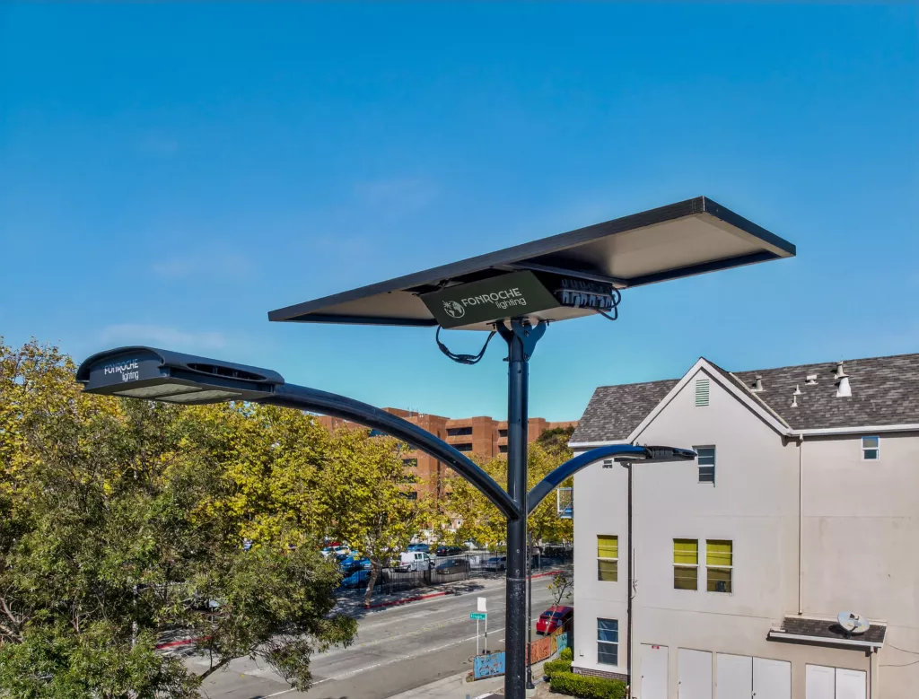 Fonroche off-grid solar street light installed along a California neighborhood street, providing reliable lighting for municipal roads and residential infrastructure.