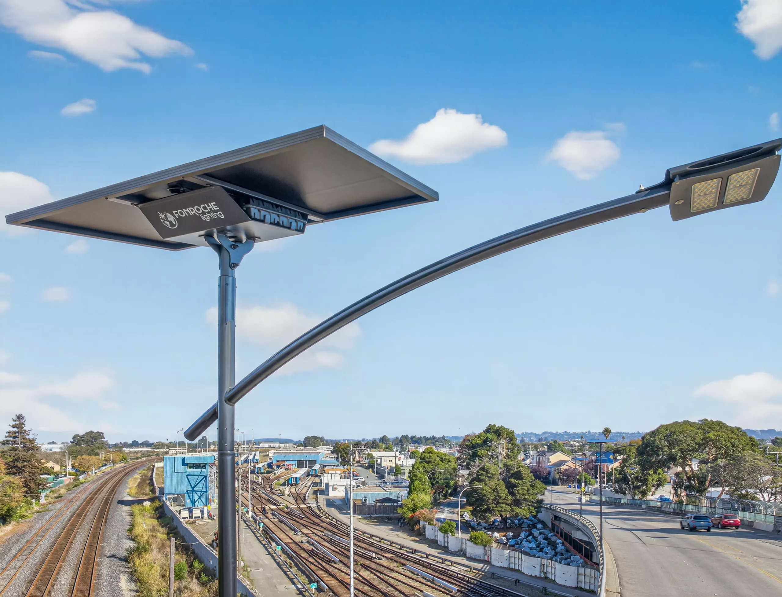 Fonroche autonomous solar street light installed along a California transportation corridor. It improves roadway safety with off-grid solar lighting.