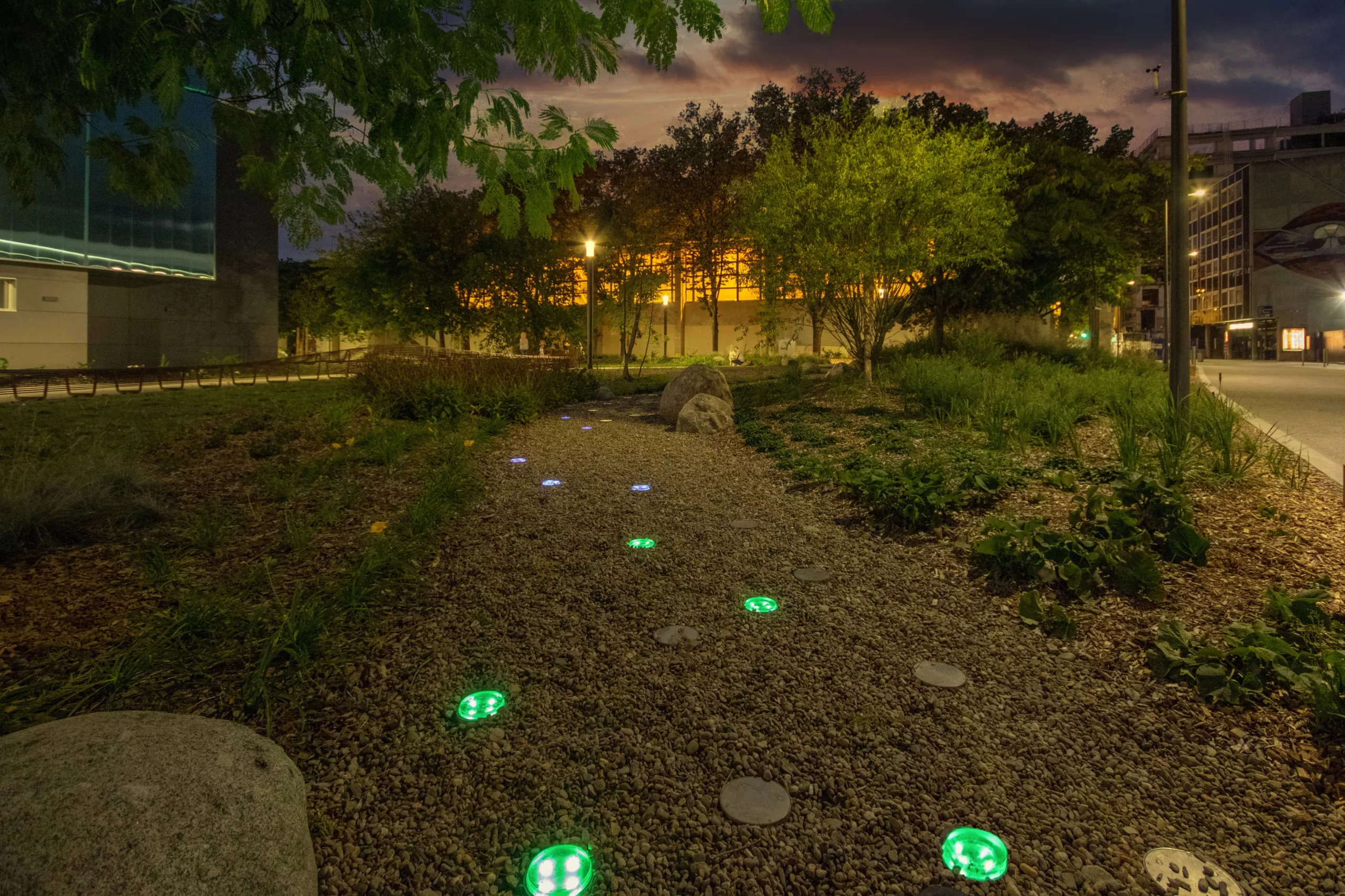 Solar-powered LED pathway lights illuminating a landscaped urban park walkway at night with trees, gravel path, and sustainable outdoor lighting.