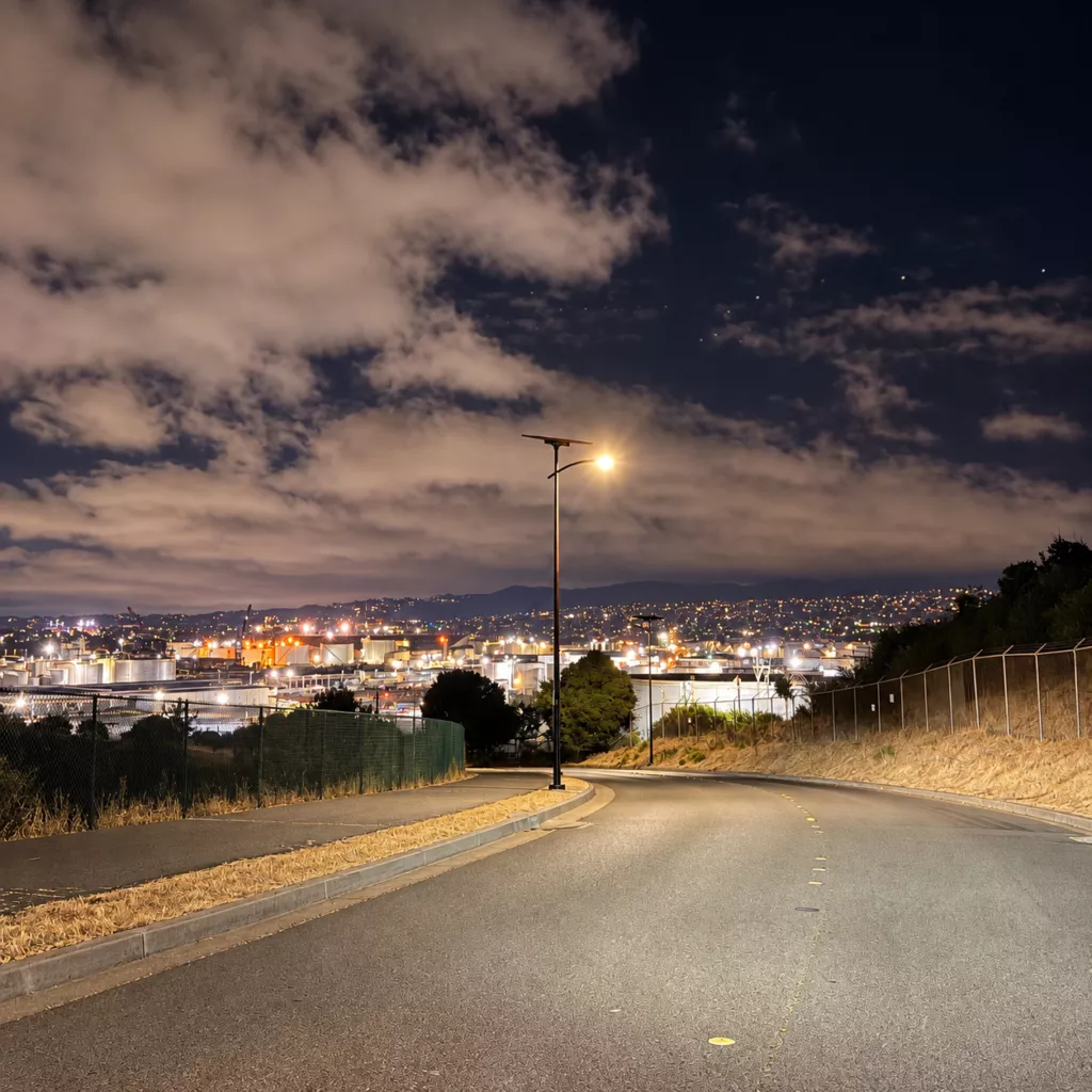 Solar streetlight illuminating a remote California roadway at night