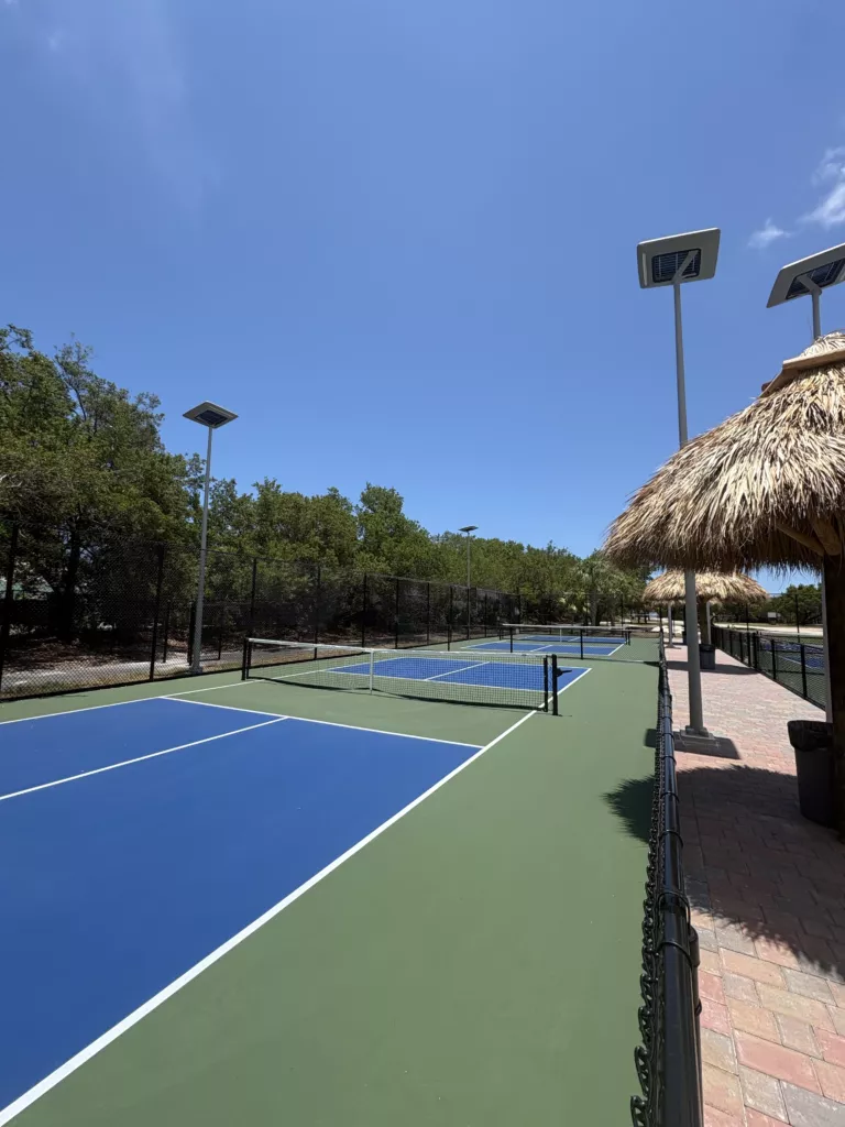 Solar street lighting installed around public pickleball courts and pedestrian areas