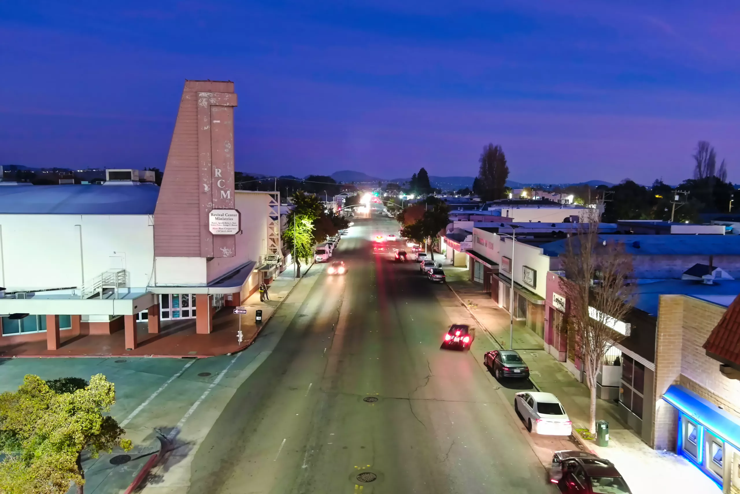 Solar street lighting along an urban roadway in Vallejo, California at night