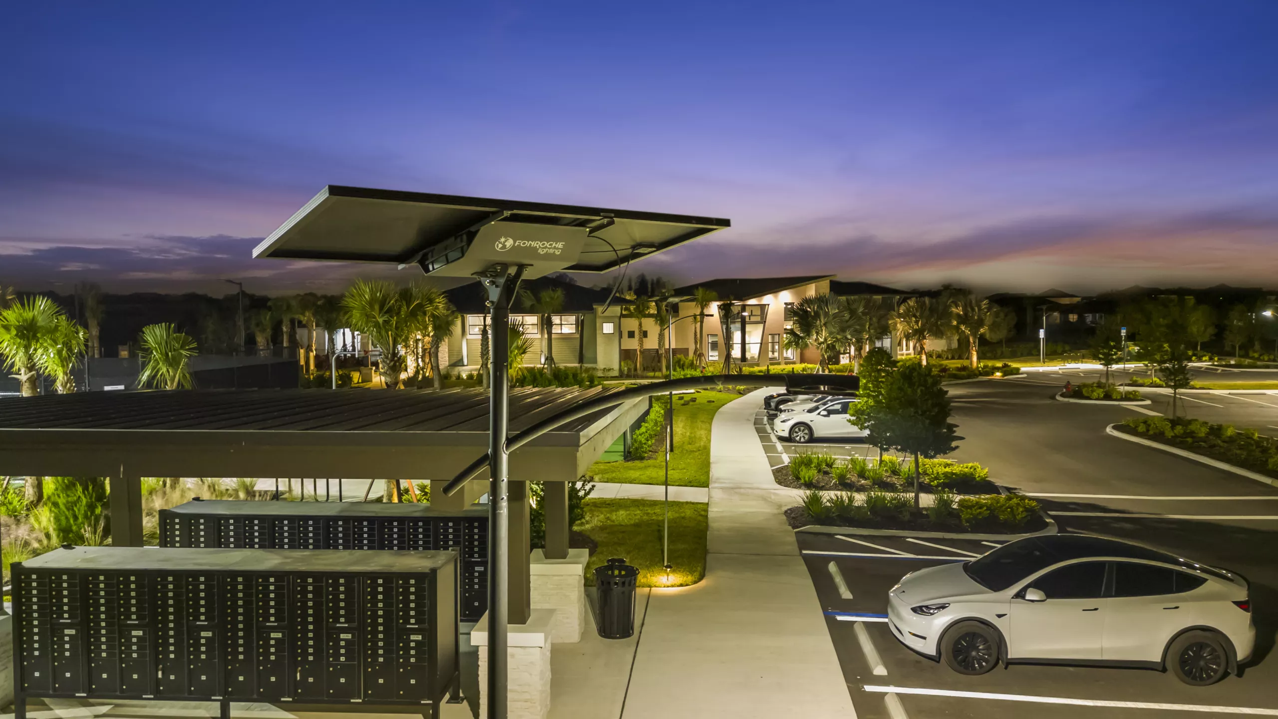 Fonroche off-grid solar street light illuminating a parking area in Wesley Chapel, Florida