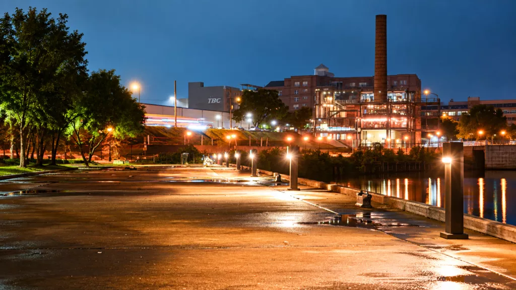 Solar bollards providing pedestrian-scale illumination in Richmond, Virginia