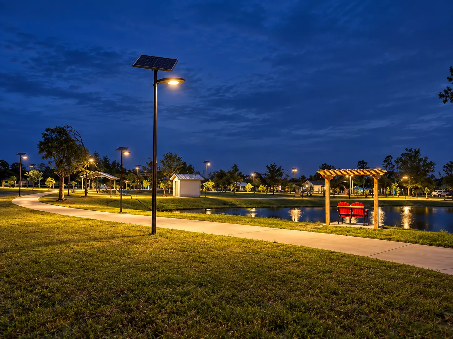 Solar lighting illuminating a walking path and public park in Florida at night